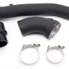 a black plastic pipe with metal clamps
